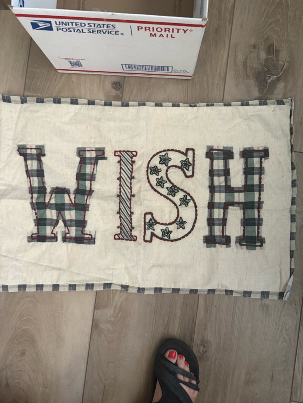 WISH Embroidered Plaque Pillow Cover — Plaid Lettering POTTERY BARN
